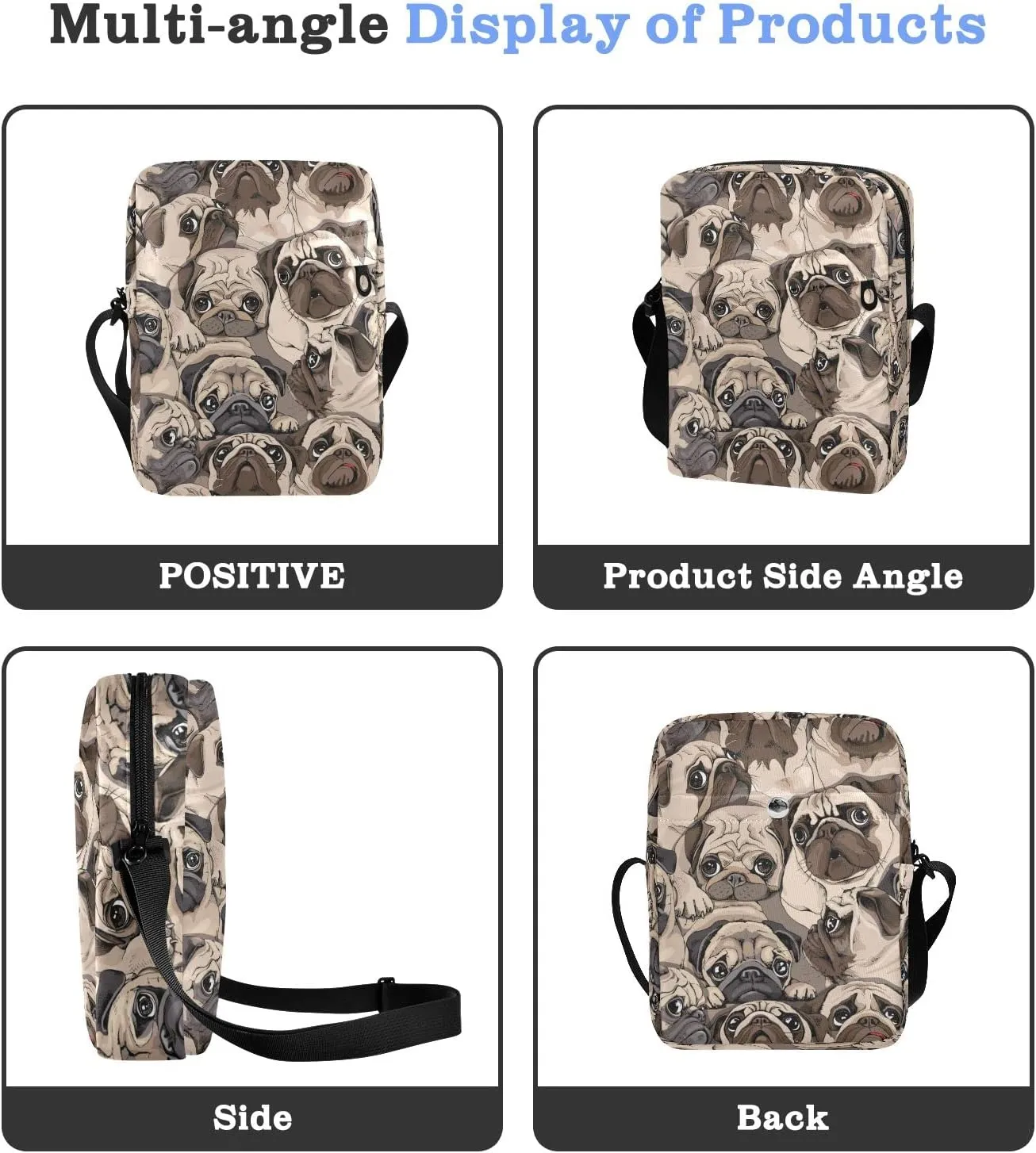 ALAZA Beige Pug Dog Art Crossbody Bag Small Messenger Bag Shoulder Bag with Zipper for Women Men