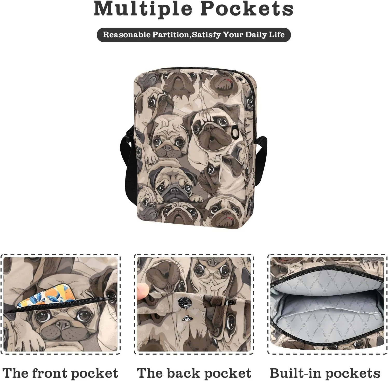 ALAZA Beige Pug Dog Art Crossbody Bag Small Messenger Bag Shoulder Bag with Zipper for Women Men