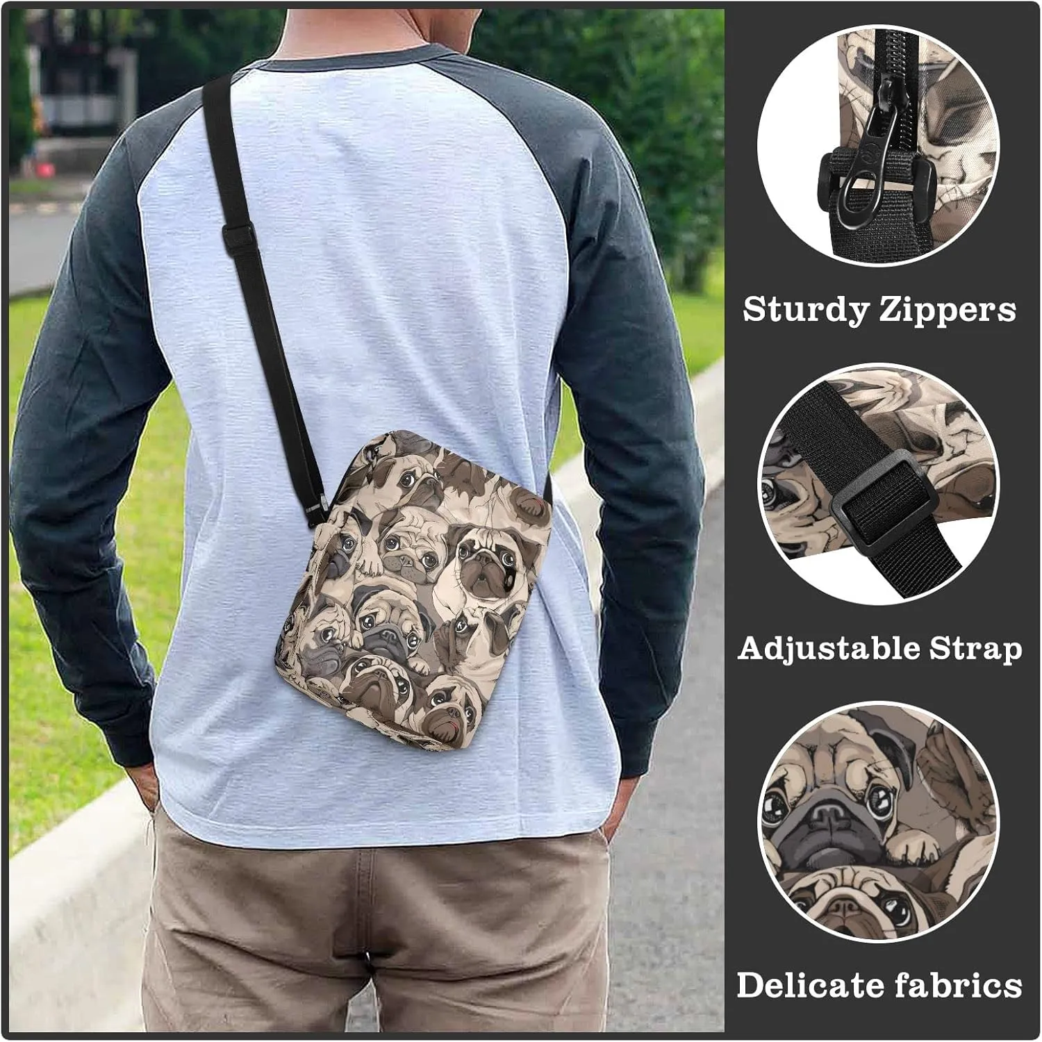 ALAZA Beige Pug Dog Art Crossbody Bag Small Messenger Bag Shoulder Bag with Zipper for Women Men