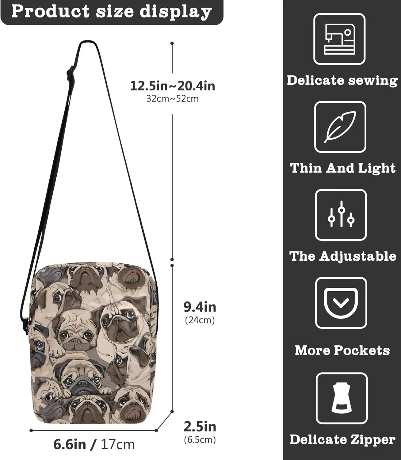 ALAZA Beige Pug Dog Art Crossbody Bag Small Messenger Bag Shoulder Bag with Zipper for Women Men