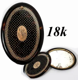 Antique French Purse Mirror, 18k Gold Pique, Cartouche, Tortoise Shell Case, Etui, Compact
