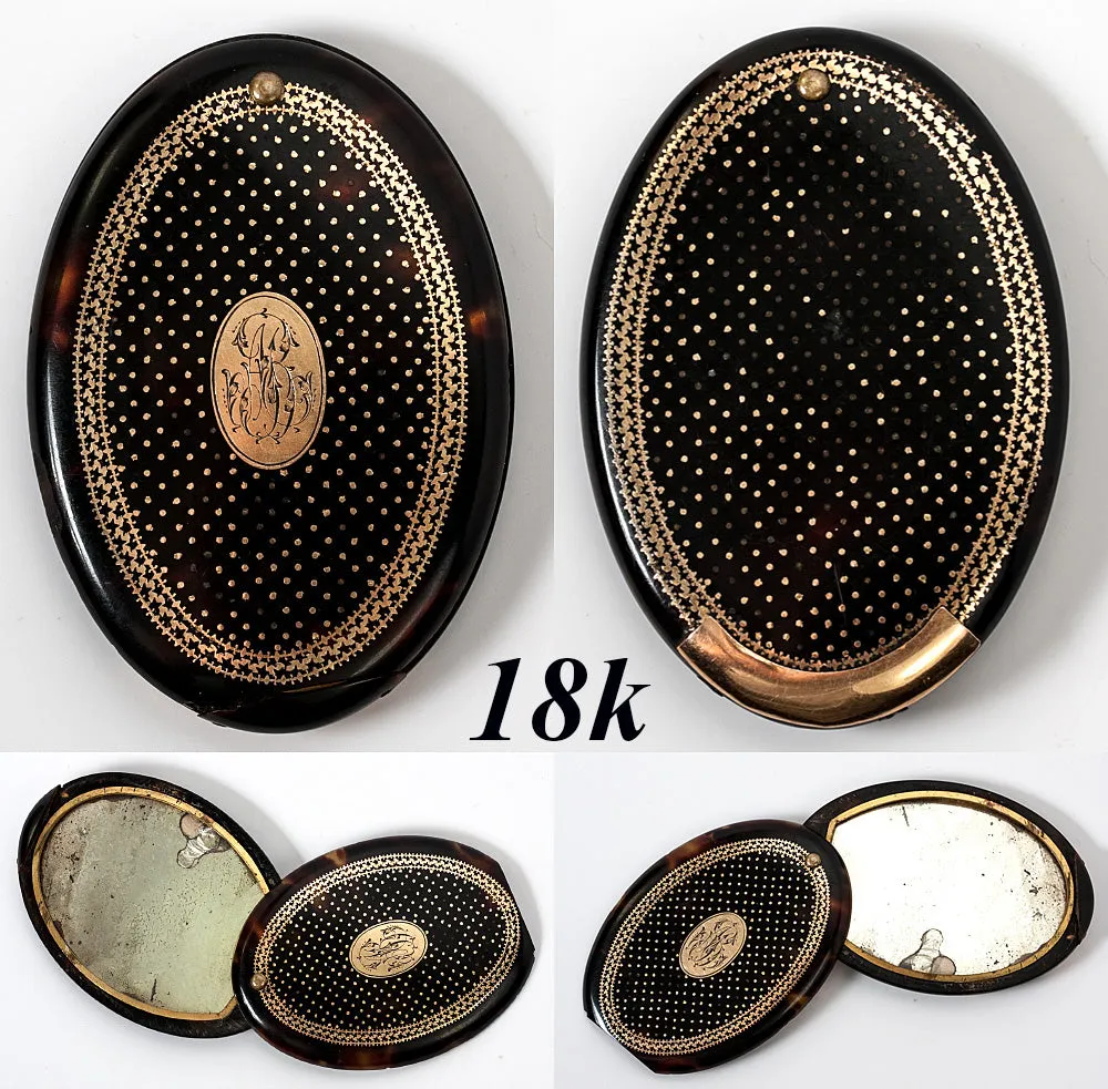 Antique French Purse Mirror, 18k Gold Pique, Cartouche, Tortoise Shell Case, Etui, Compact