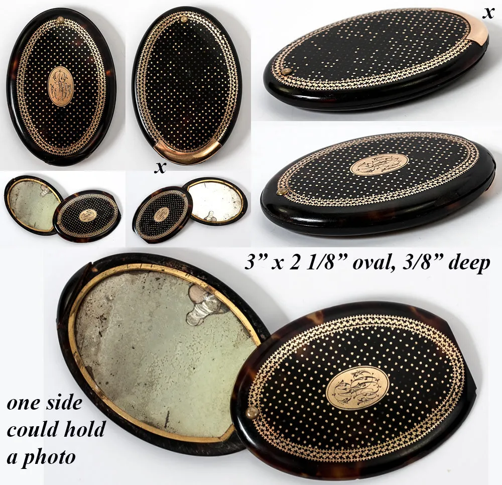 Antique French Purse Mirror, 18k Gold Pique, Cartouche, Tortoise Shell Case, Etui, Compact