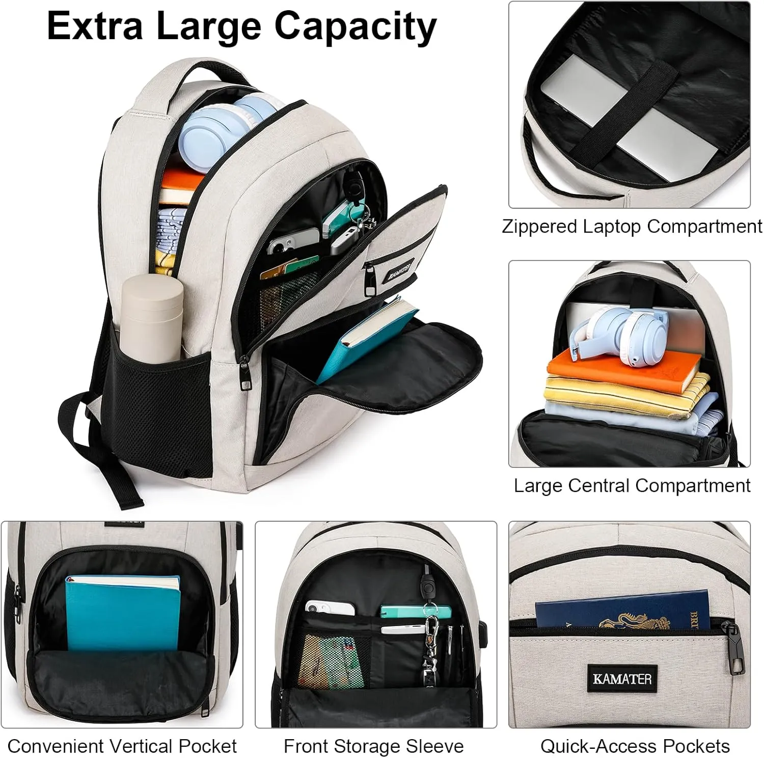 Beige Backpack for School, School BackPack for Teens, Boys and Girls, with 15.6 inch Laptop Bookbag for College High School, Large Computer Back Pack with Compartments for Men & Women