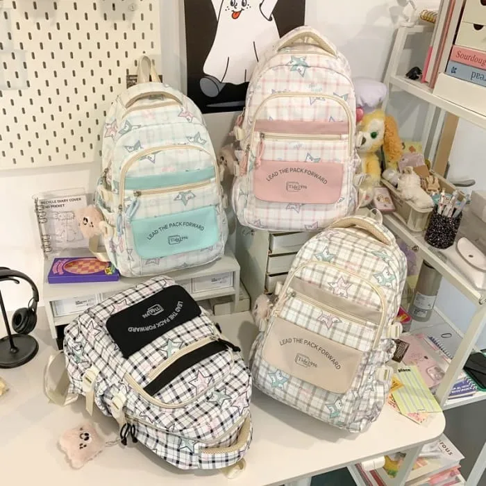 Cartoon Print Multi-Pocket Backpack / Bag Charm / Set