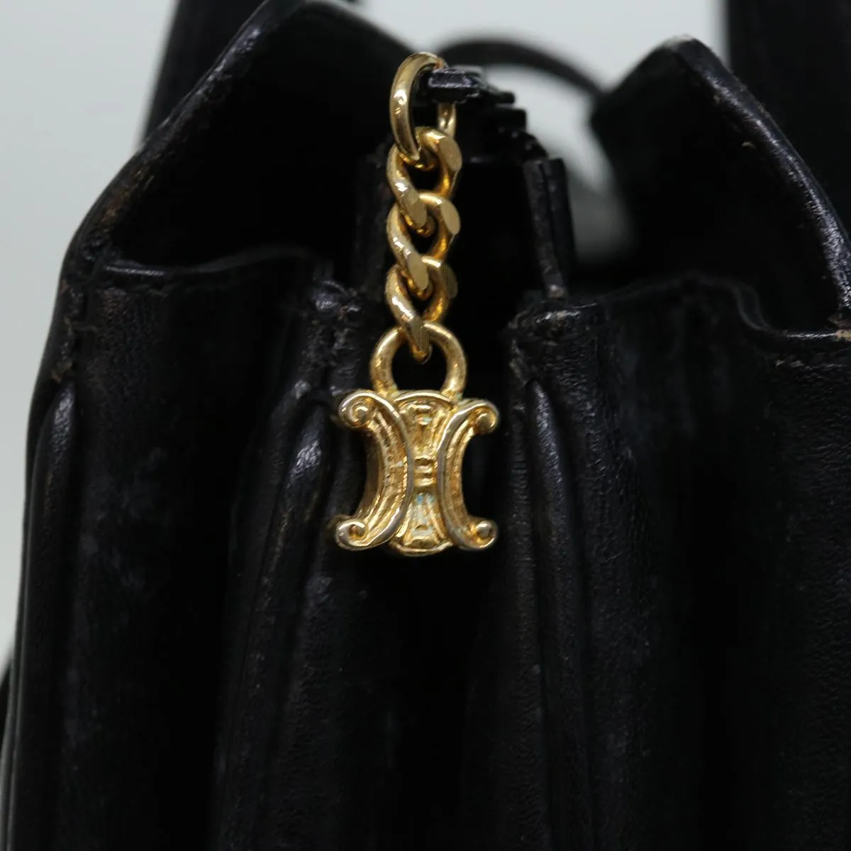 CELINE Hand Bag Leather Black Auth 68292