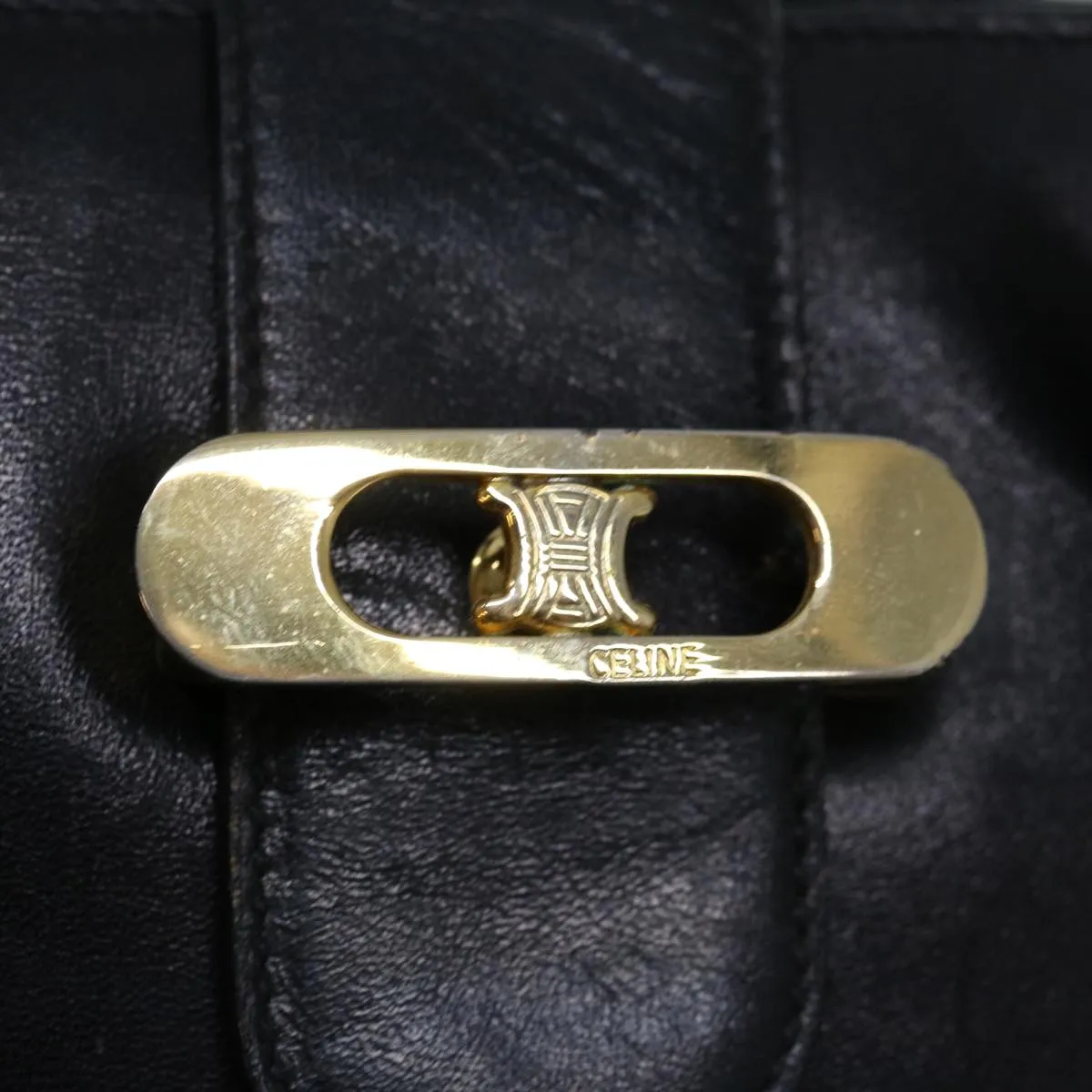 CELINE Hand Bag Leather Black Auth 68292