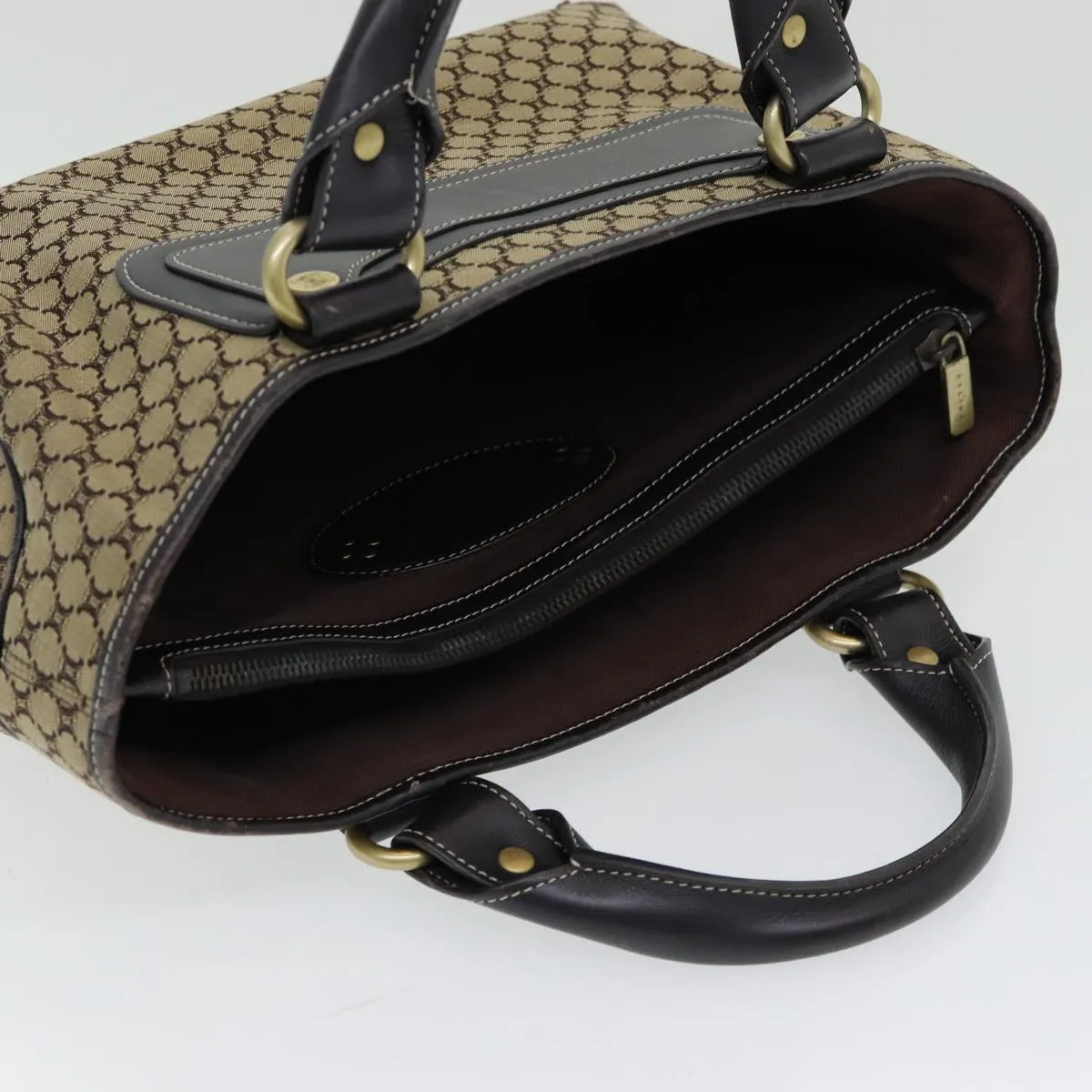 CELINE Macadam Canvas Hand Bag Beige Gold Auth 86725