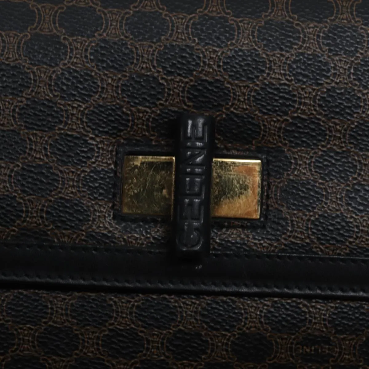 CELINE Macadam Canvas Hand Bag PVC Leather Black Gold Auth 87086