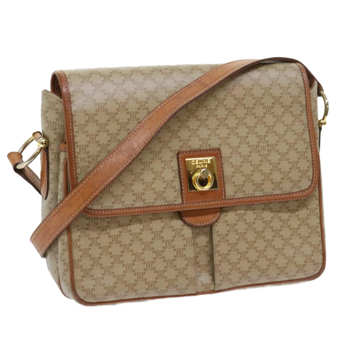 CELINE Macadam Canvas Shoulder Bag Beige Auth 56679