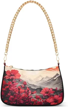 Chinese Flower Mountain Tote Bag Hobo Handbag for Women Ladies Shoulder Bag Mini Clutch Purse with Zipper Closure