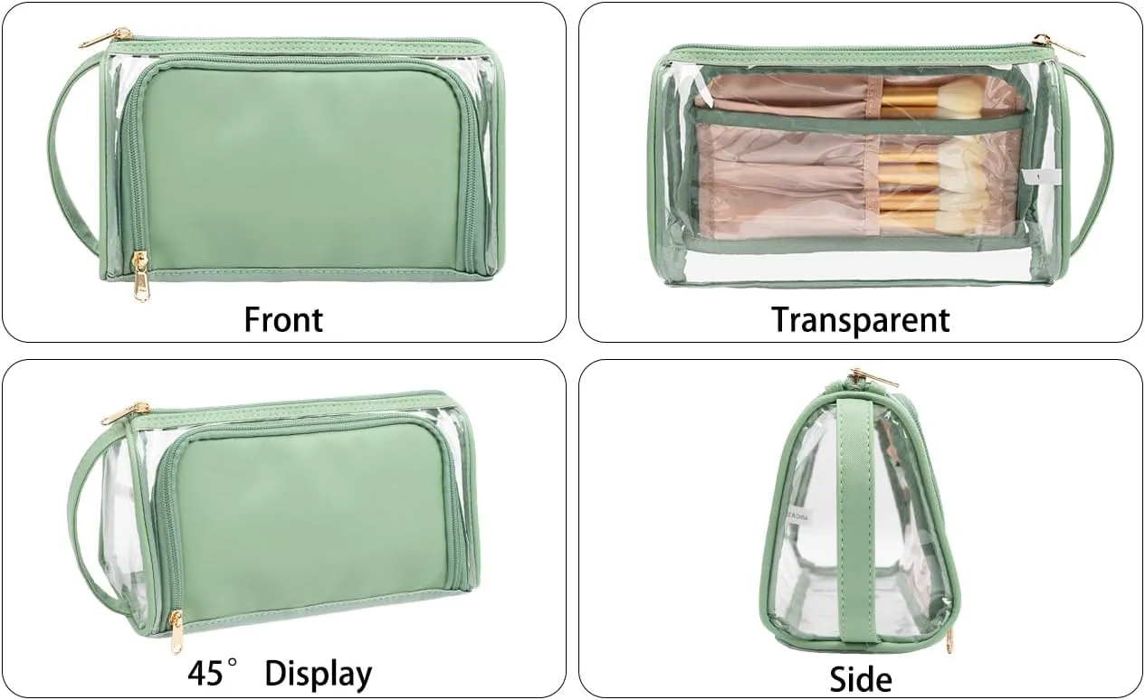 CUBETASTIC Clear Cosmetic Bags, Transparent Plastic Makeup Zipper Pouch Travel Makeup Up Organizer Case, Portable Cute Small Toiletry Bag with Handle and Side Compartment, Green