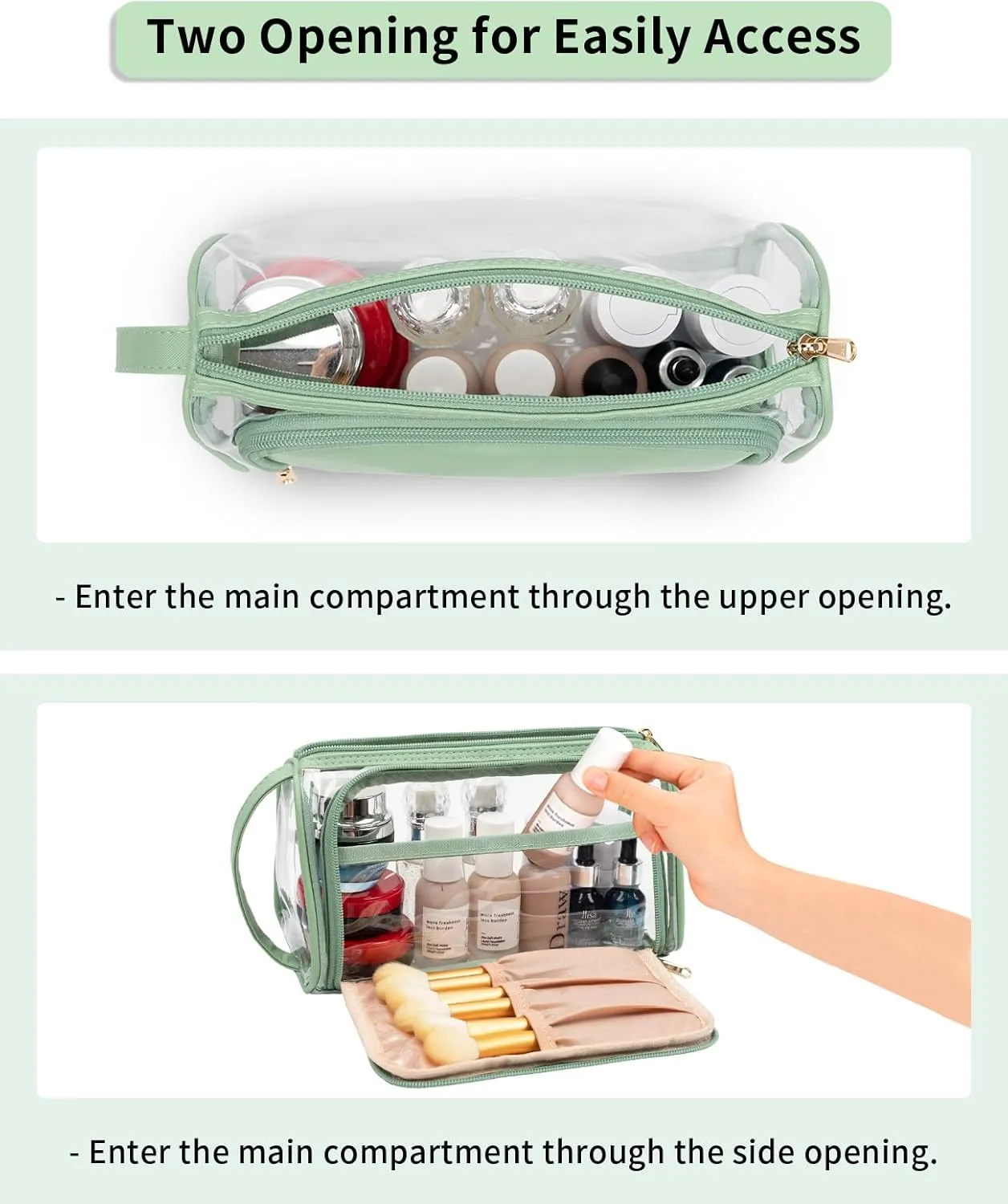 CUBETASTIC Clear Cosmetic Bags, Transparent Plastic Makeup Zipper Pouch Travel Makeup Up Organizer Case, Portable Cute Small Toiletry Bag with Handle and Side Compartment, Green