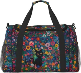 Cute Cat Floral Duffel Bag Boho Flower Cats Hippie Foldable Gym Bag for Men Women Duffle Bag Lightweight Carry On Bag Workout Duffle Sports Bag