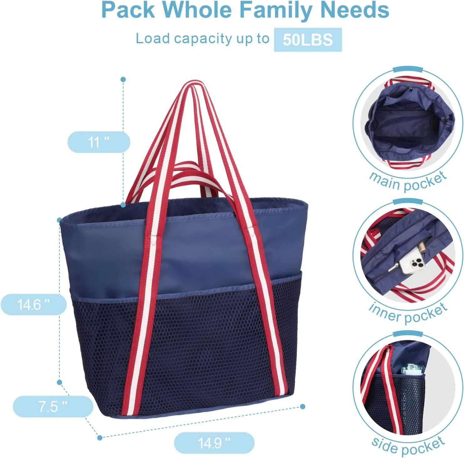 F-color Waterproof Beach Bags for Women - Machine Washable Travel Tote Bag with Zipper Cruise Swim Vacation Essentials