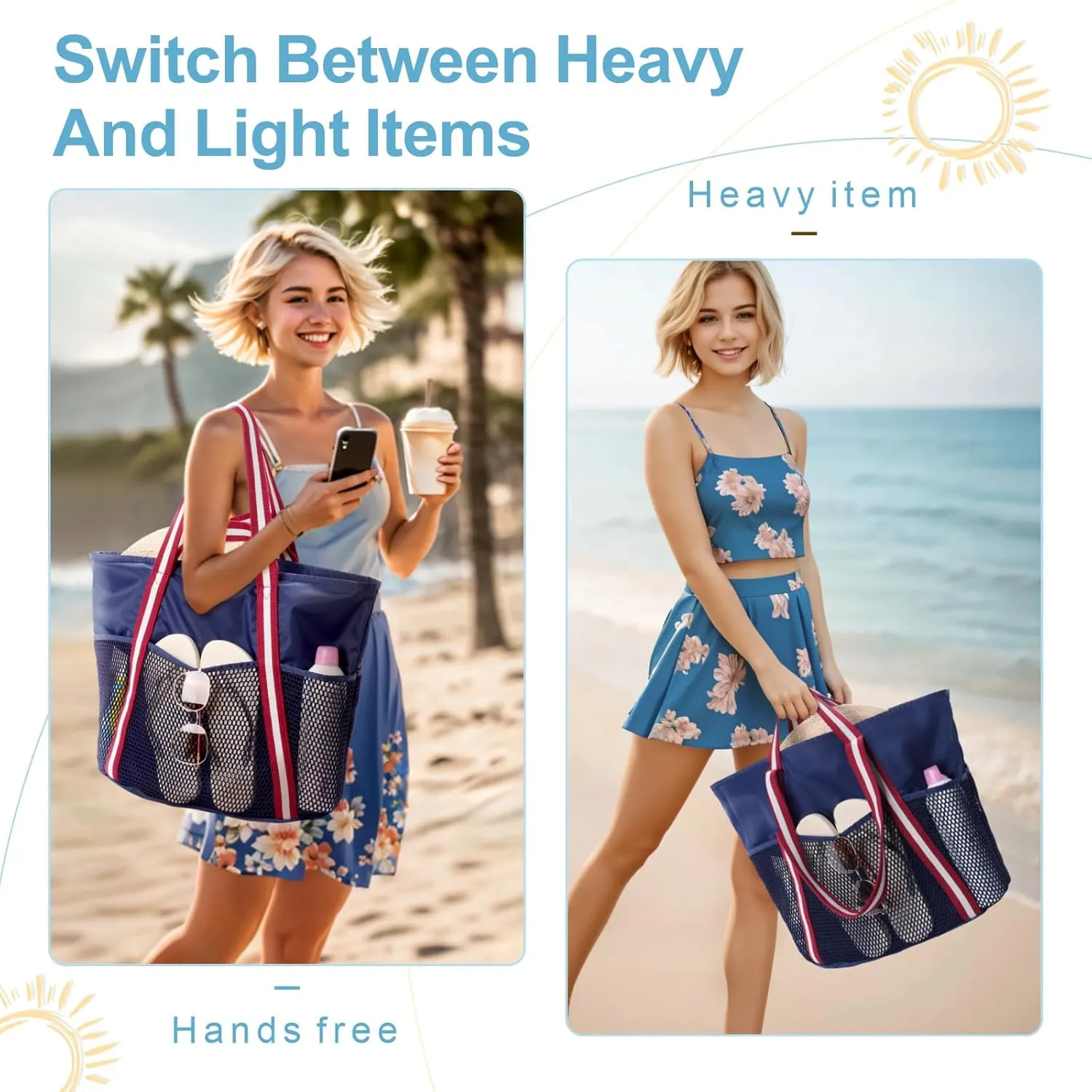 F-color Waterproof Beach Bags for Women - Machine Washable Travel Tote Bag with Zipper Cruise Swim Vacation Essentials