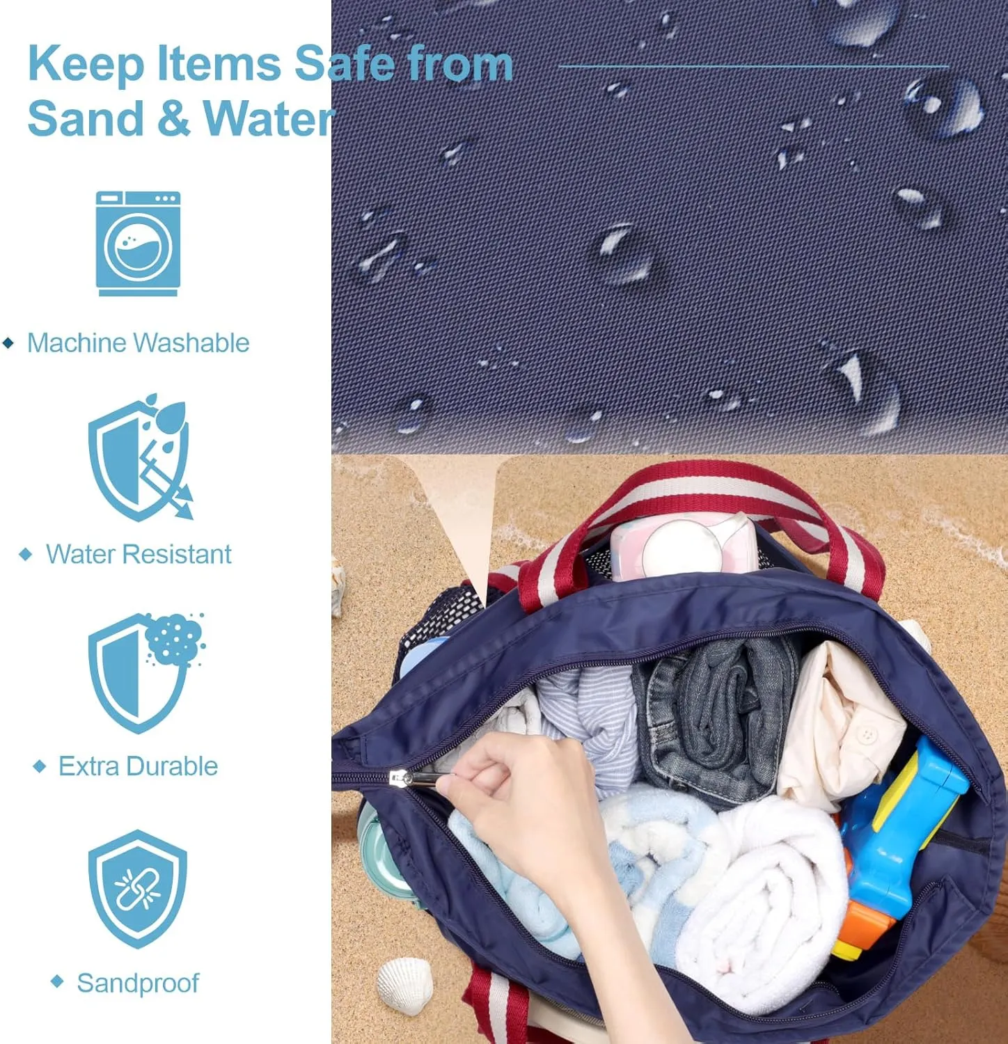 F-color Waterproof Beach Bags for Women - Machine Washable Travel Tote Bag with Zipper Cruise Swim Vacation Essentials