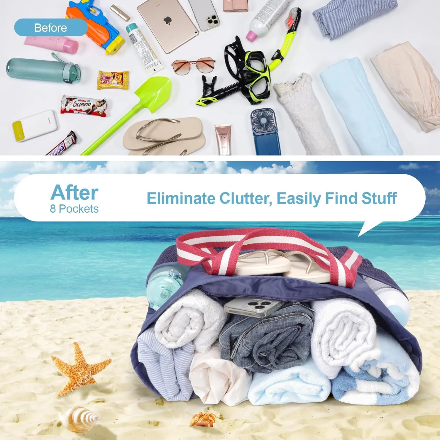 F-color Waterproof Beach Bags for Women - Machine Washable Travel Tote Bag with Zipper Cruise Swim Vacation Essentials