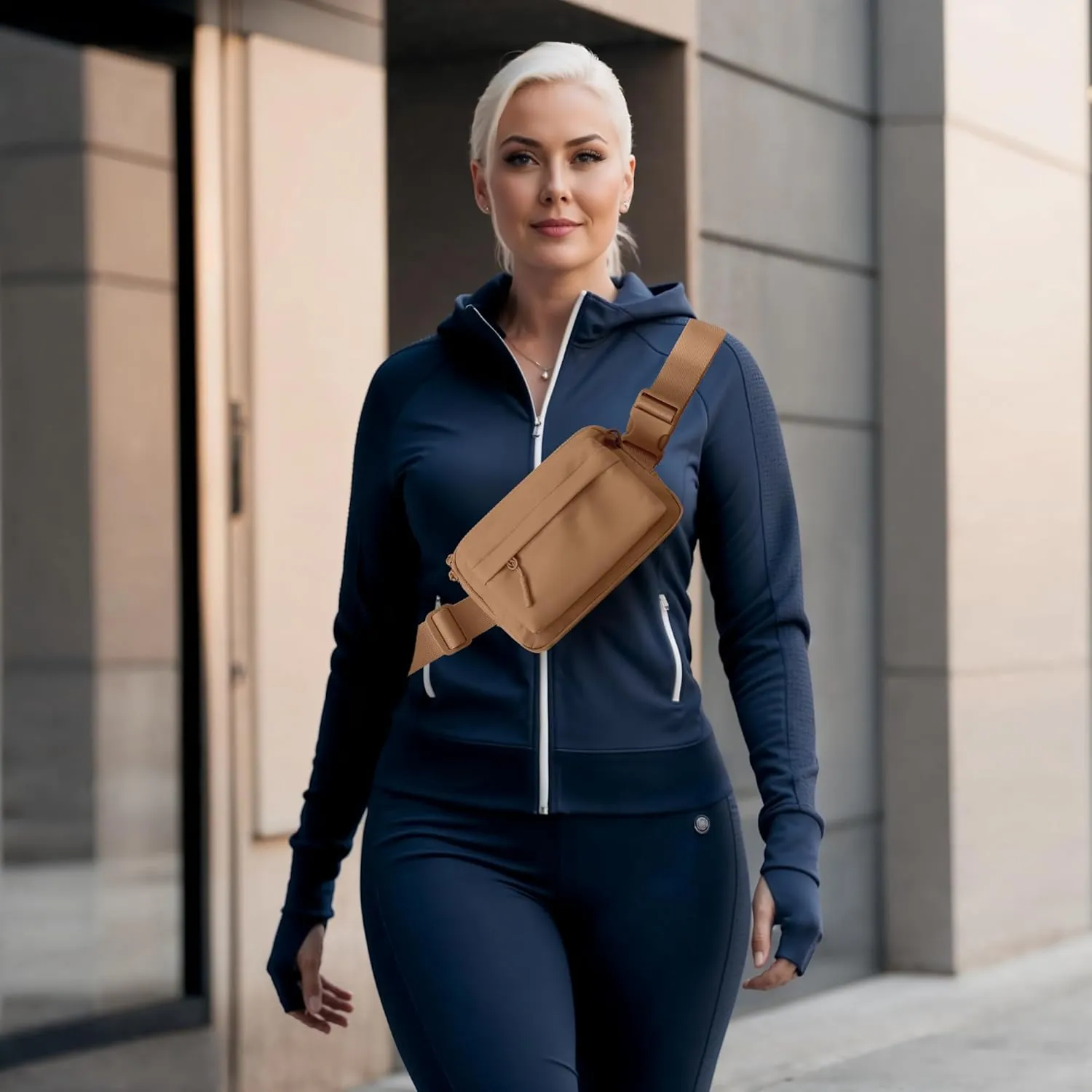 FORZAROCKET Essential  Belt Bag w/Long Strap 70"  Double Compartment  Crossbody Bag w/Extended Strap  Fanny Pack for Women Men  Two-Way Zipper Sling Bag  Travel & Plus Size Friendly, Light Brown