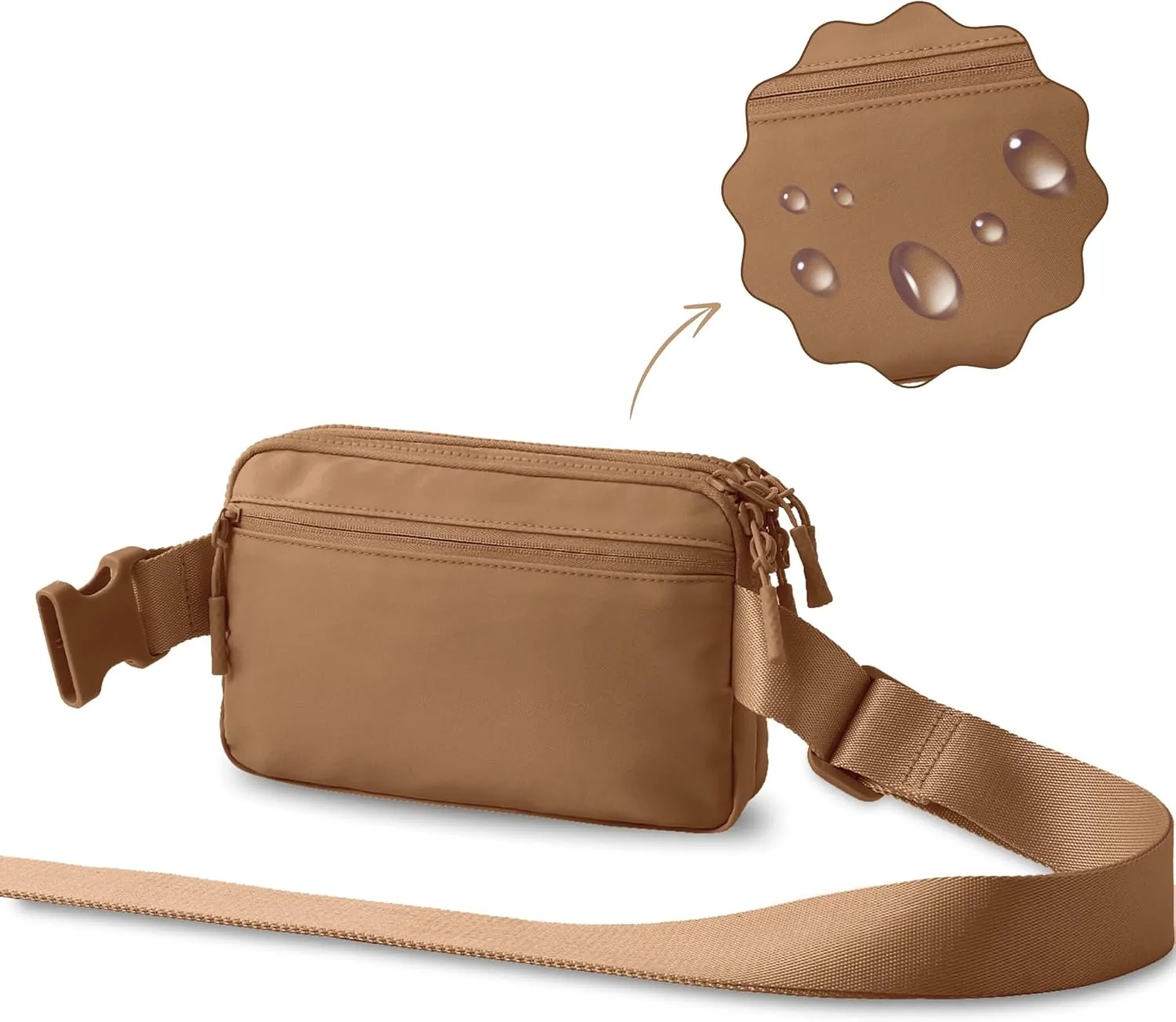 FORZAROCKET Essential  Belt Bag w/Long Strap 70"  Double Compartment  Crossbody Bag w/Extended Strap  Fanny Pack for Women Men  Two-Way Zipper Sling Bag  Travel & Plus Size Friendly, Light Brown