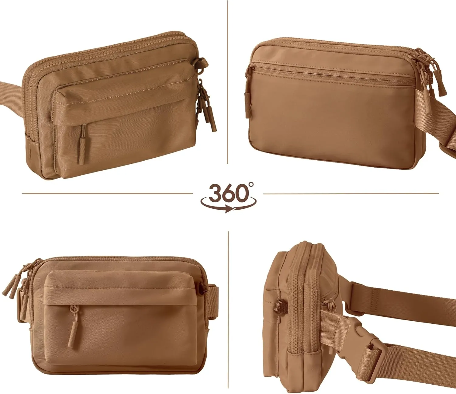 FORZAROCKET Essential  Belt Bag w/Long Strap 70"  Double Compartment  Crossbody Bag w/Extended Strap  Fanny Pack for Women Men  Two-Way Zipper Sling Bag  Travel & Plus Size Friendly, Light Brown