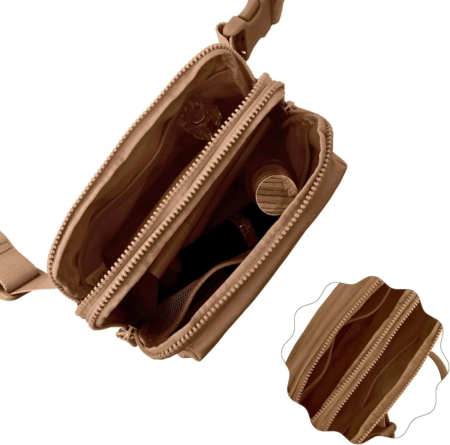 FORZAROCKET Essential  Belt Bag w/Long Strap 70"  Double Compartment  Crossbody Bag w/Extended Strap  Fanny Pack for Women Men  Two-Way Zipper Sling Bag  Travel & Plus Size Friendly, Light Brown