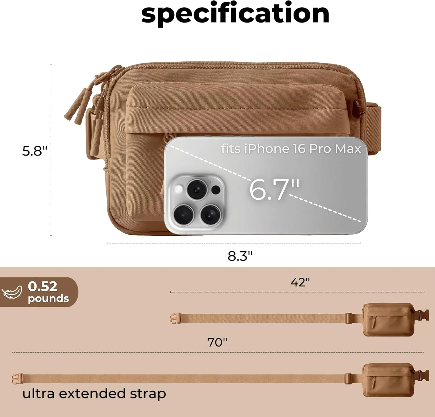 FORZAROCKET Essential  Belt Bag w/Long Strap 70"  Double Compartment  Crossbody Bag w/Extended Strap  Fanny Pack for Women Men  Two-Way Zipper Sling Bag  Travel & Plus Size Friendly, Light Brown