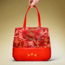 Genuine Leather & Embroidery Tiny Tote - Bright Red