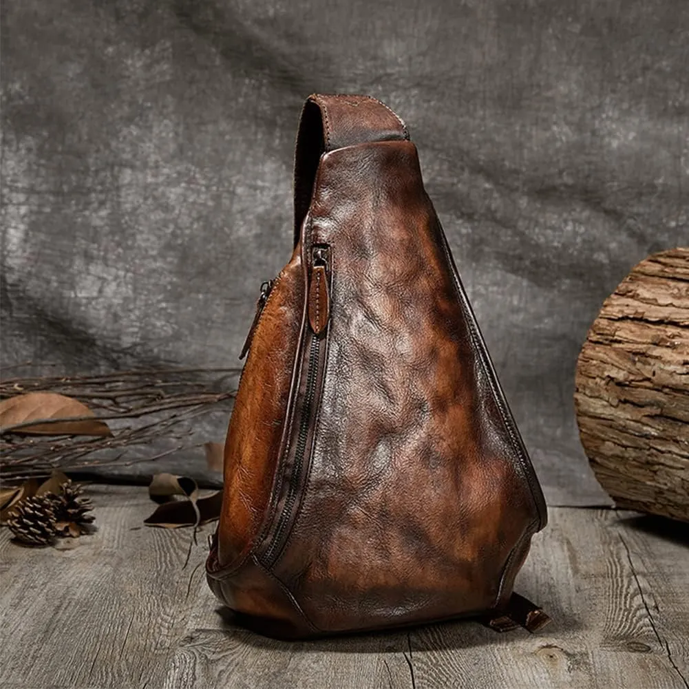 Genuine Leather Sling Bag for Women Men Vintage Handmade Chest Backpack Casual Crossbody Daypack Shoulder Satchel Coffee