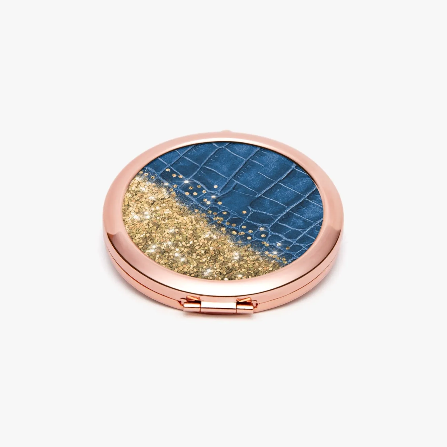 Gold Glitter & Blue Leather |  Compact Mirror
