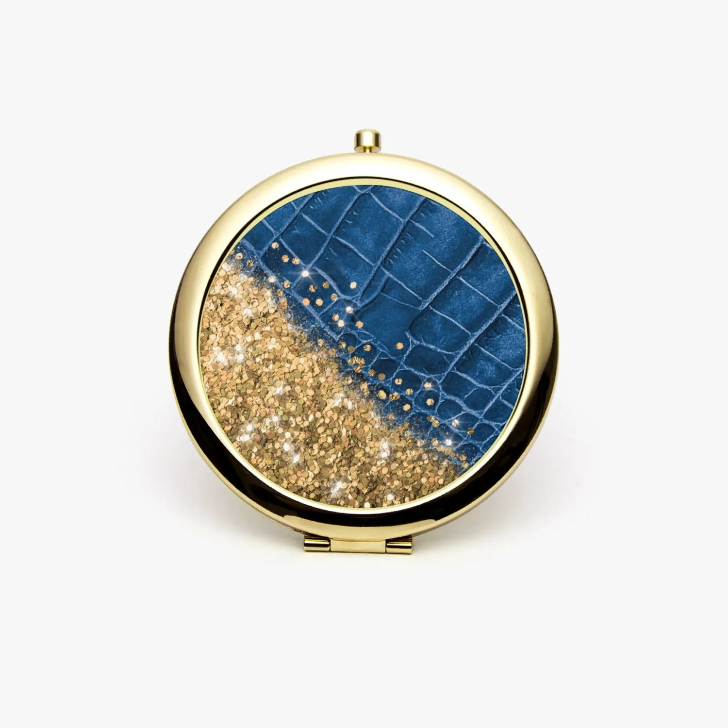 Gold Glitter & Blue Leather |  Compact Mirror