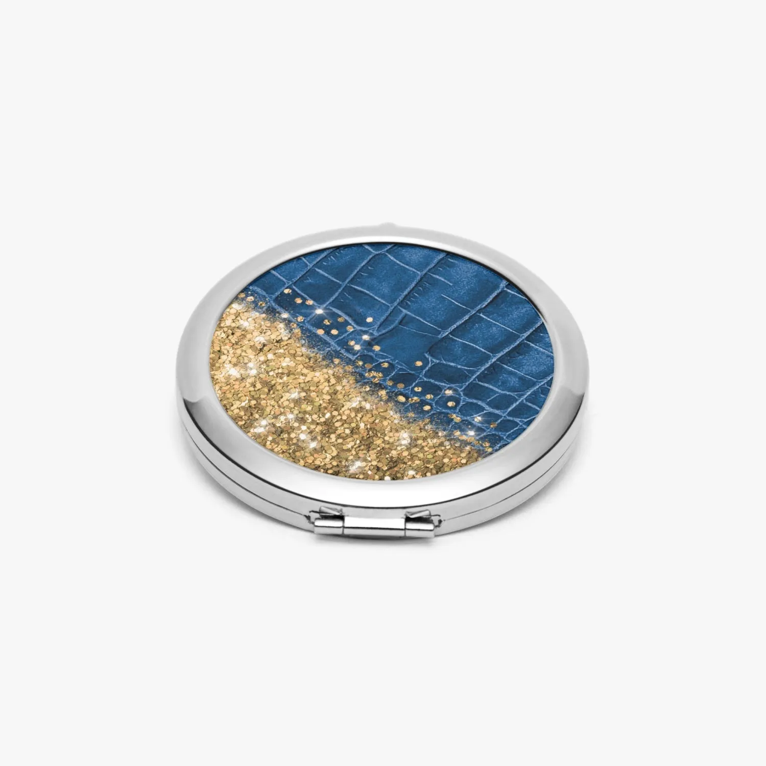 Gold Glitter & Blue Leather |  Compact Mirror