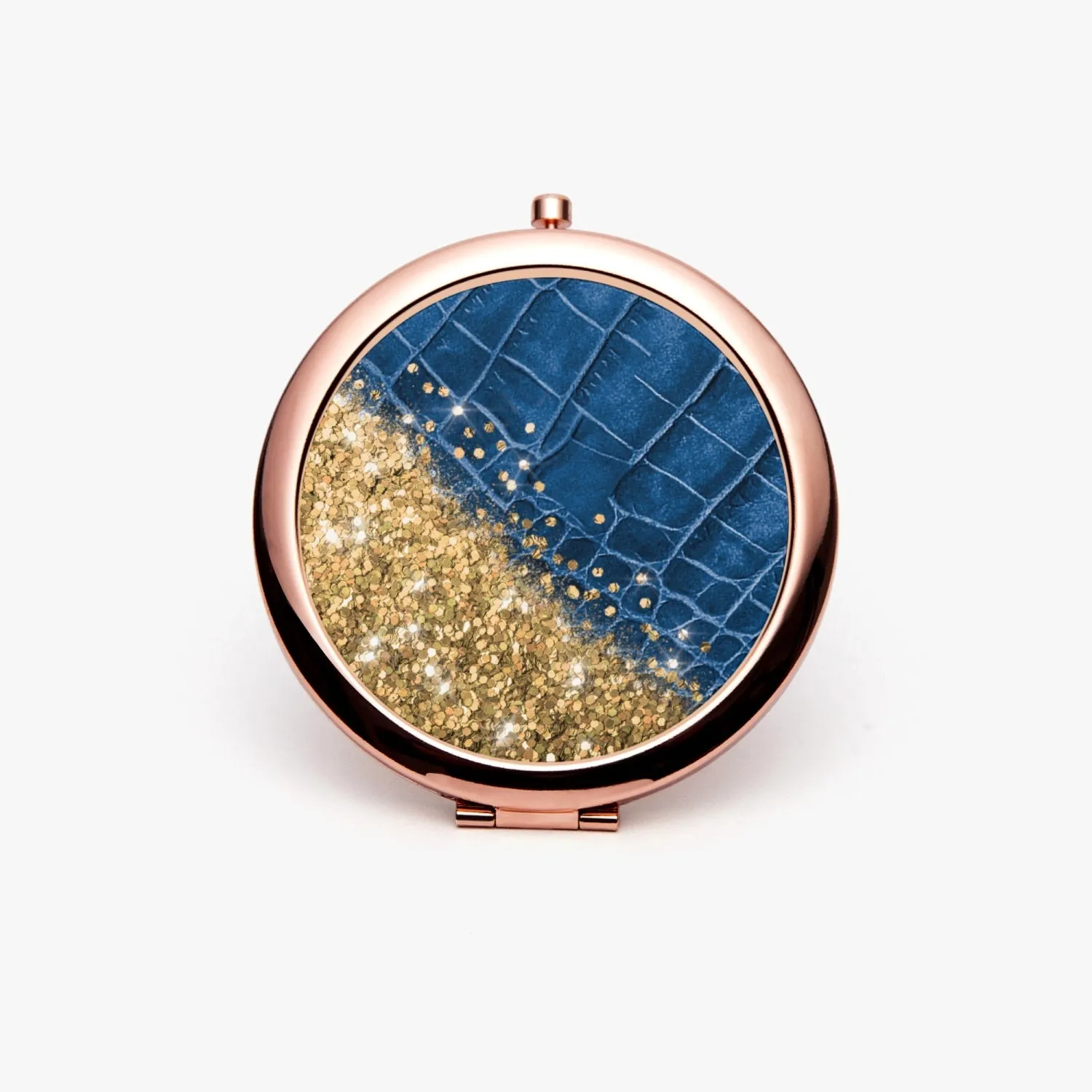 Gold Glitter & Blue Leather |  Compact Mirror