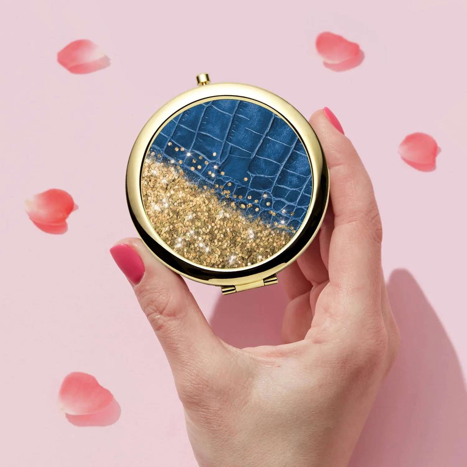 Gold Glitter & Blue Leather |  Compact Mirror