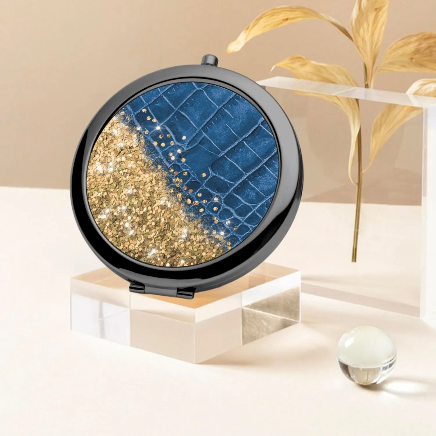 Gold Glitter & Blue Leather |  Compact Mirror