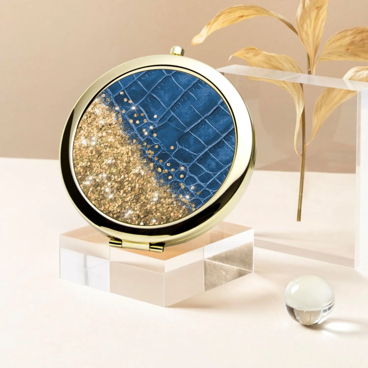 Gold Glitter & Blue Leather |  Compact Mirror