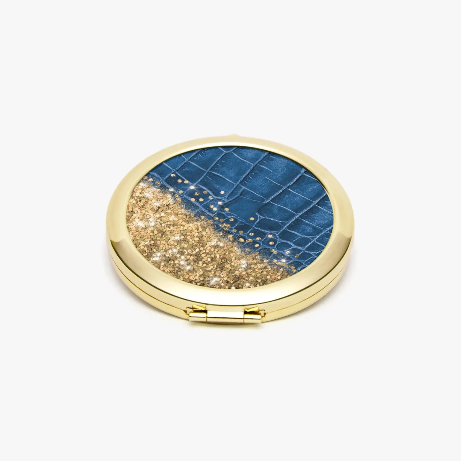 Gold Glitter & Blue Leather |  Compact Mirror