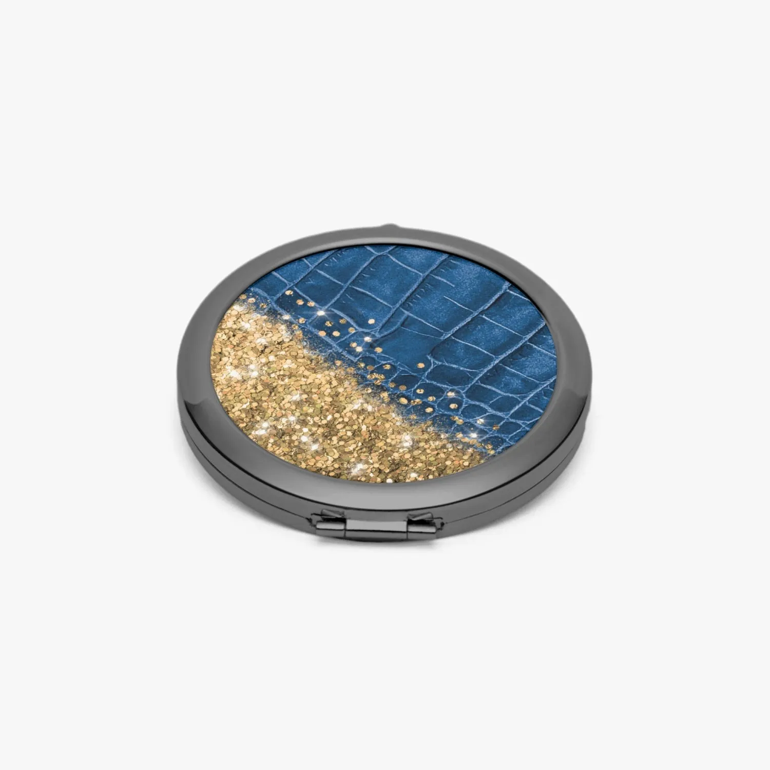 Gold Glitter & Blue Leather |  Compact Mirror