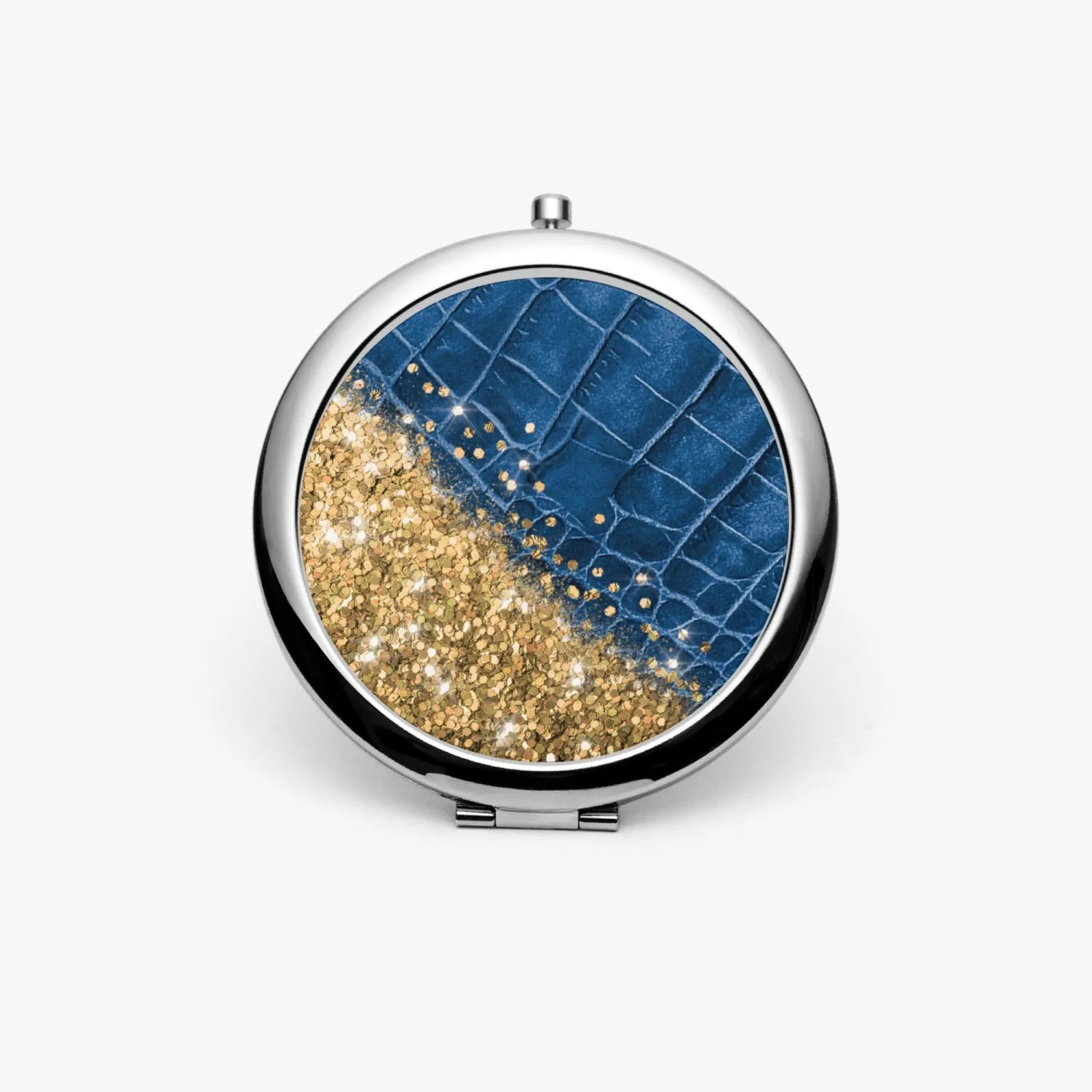 Gold Glitter & Blue Leather |  Compact Mirror