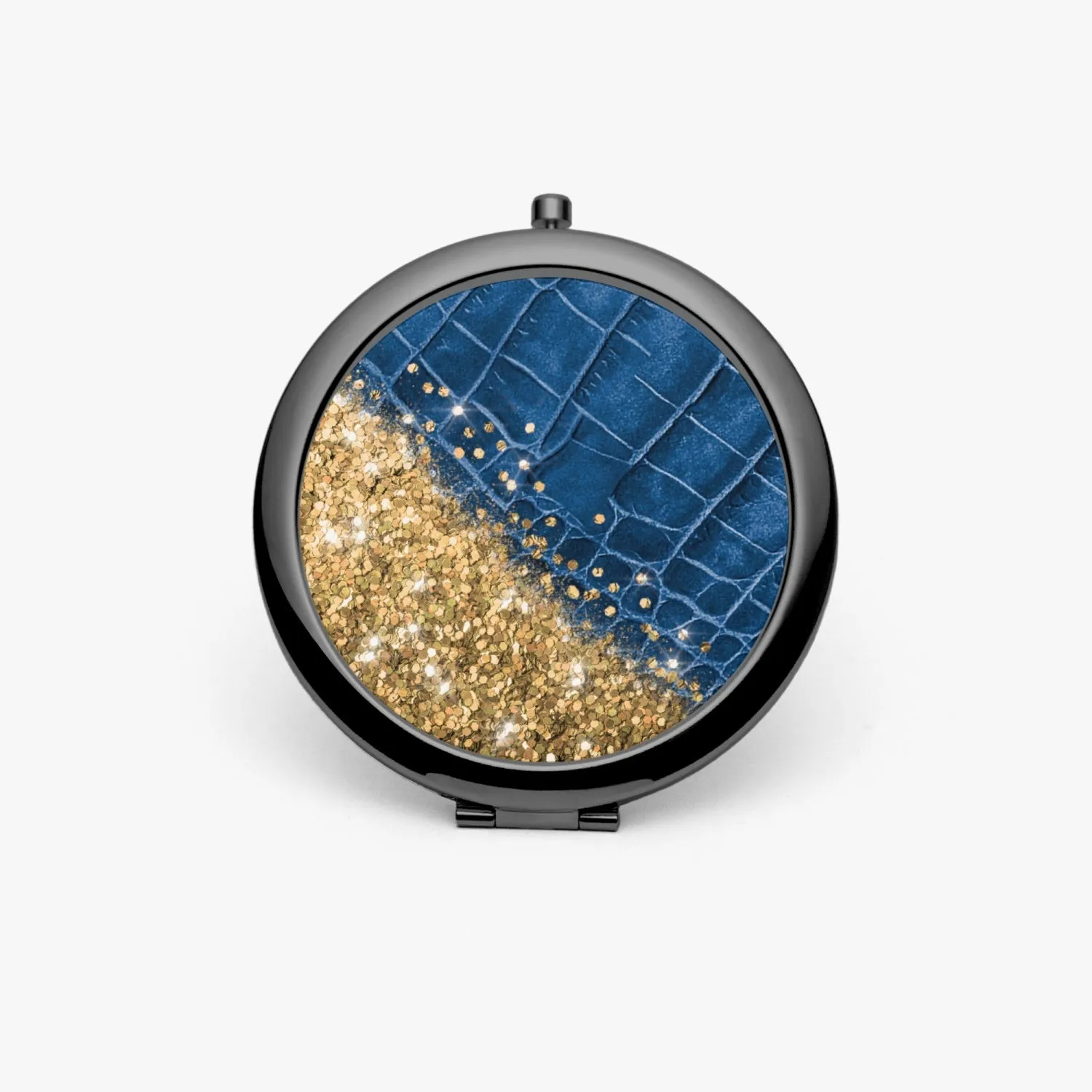 Gold Glitter & Blue Leather |  Compact Mirror