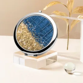 Gold Glitter & Blue Leather |  Compact Mirror