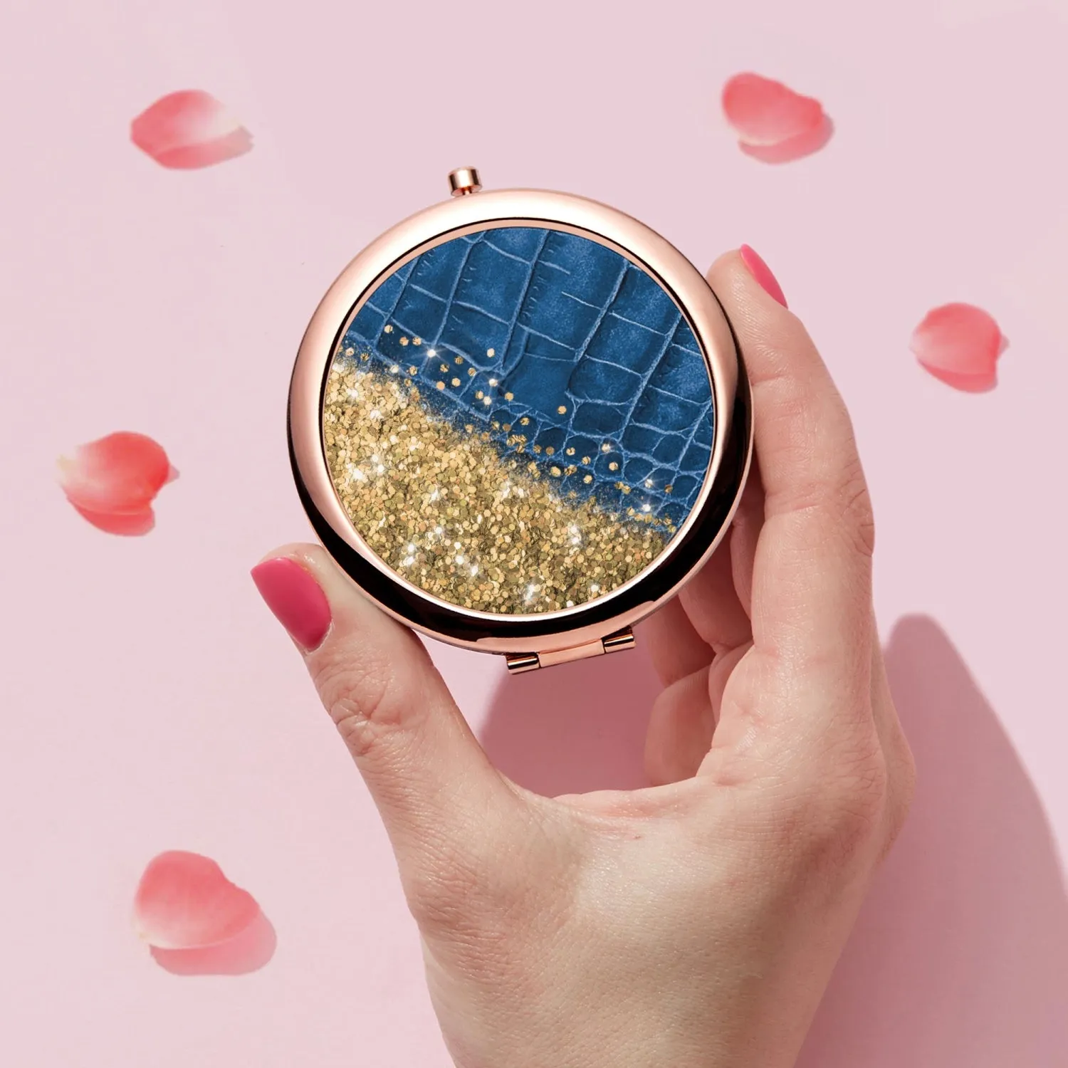 Gold Glitter & Blue Leather |  Compact Mirror