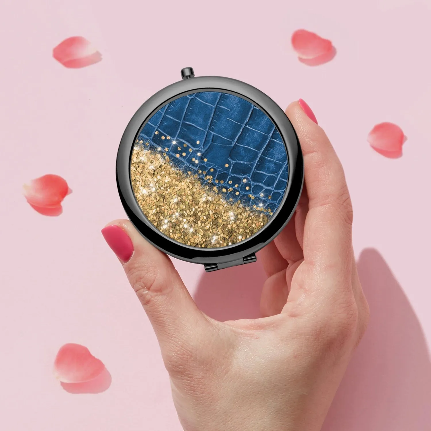 Gold Glitter & Blue Leather |  Compact Mirror