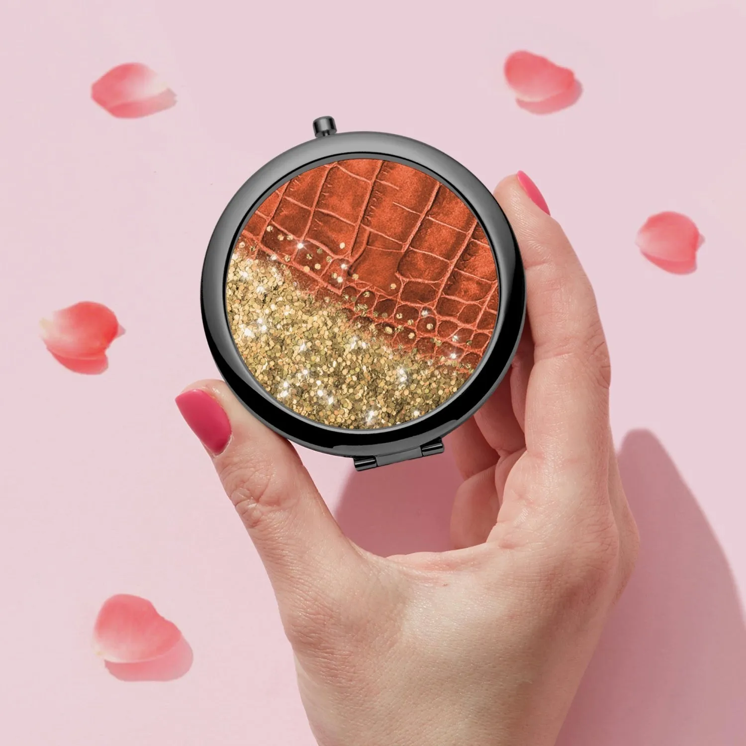 Gold Glitter & Orange Leather |  Compact Mirror