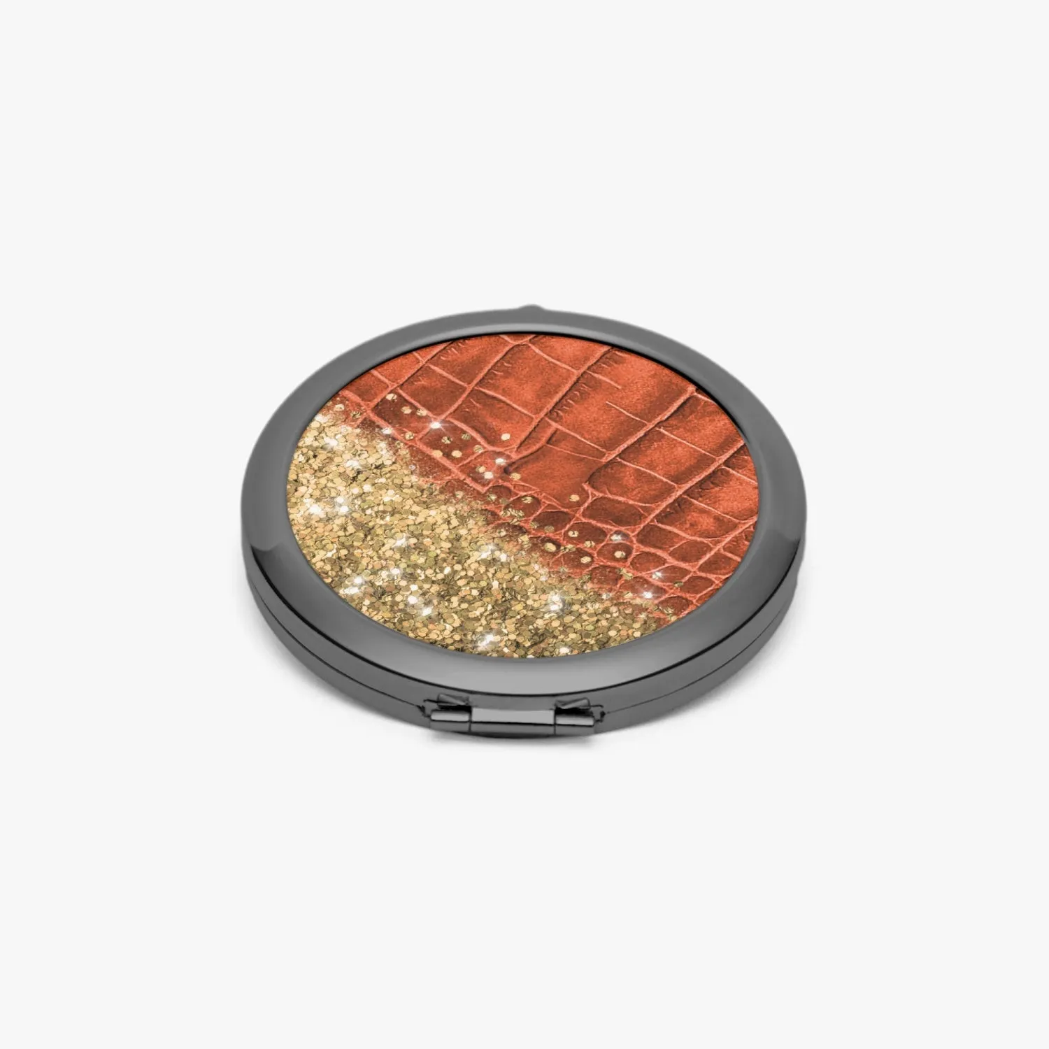 Gold Glitter & Orange Leather |  Compact Mirror