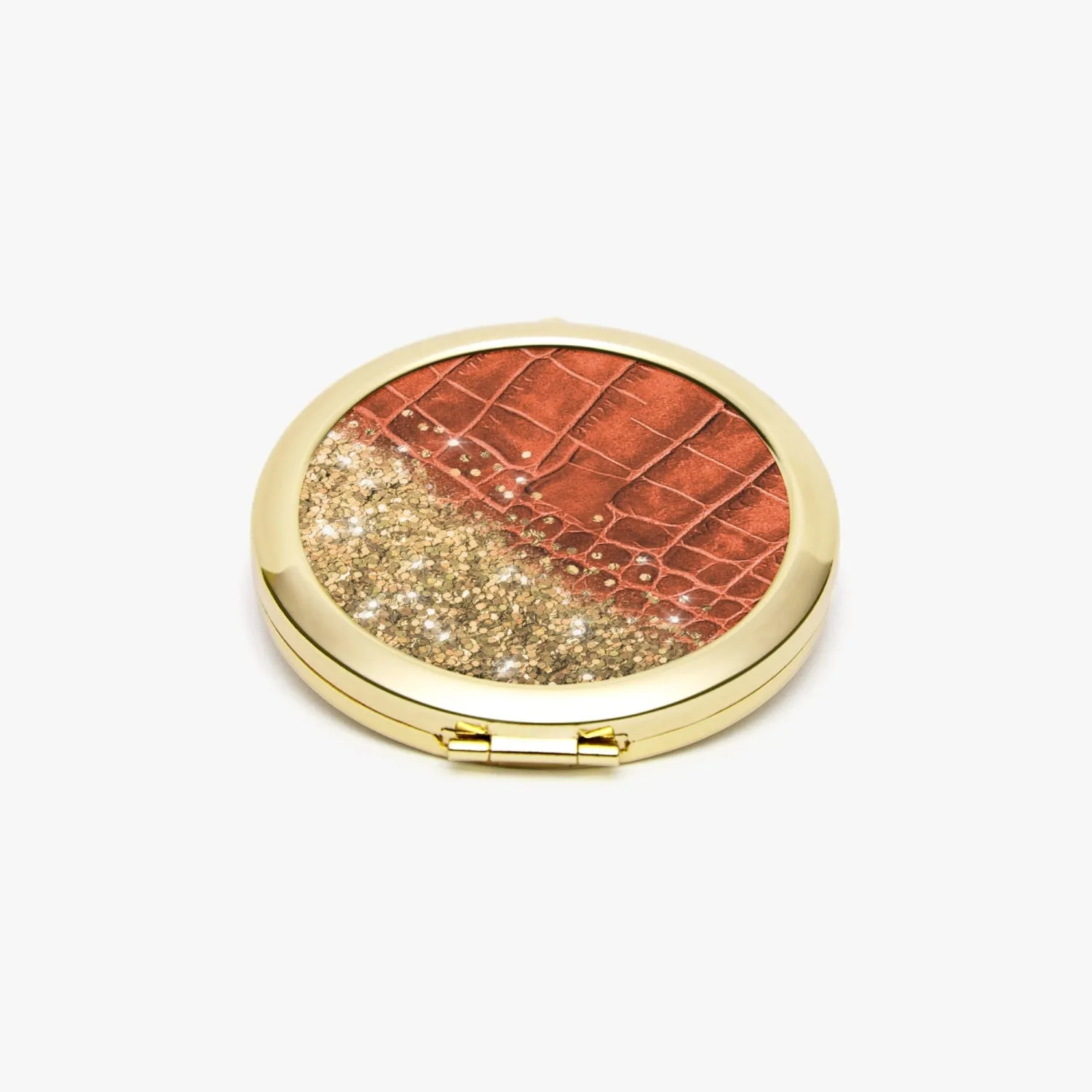 Gold Glitter & Orange Leather |  Compact Mirror