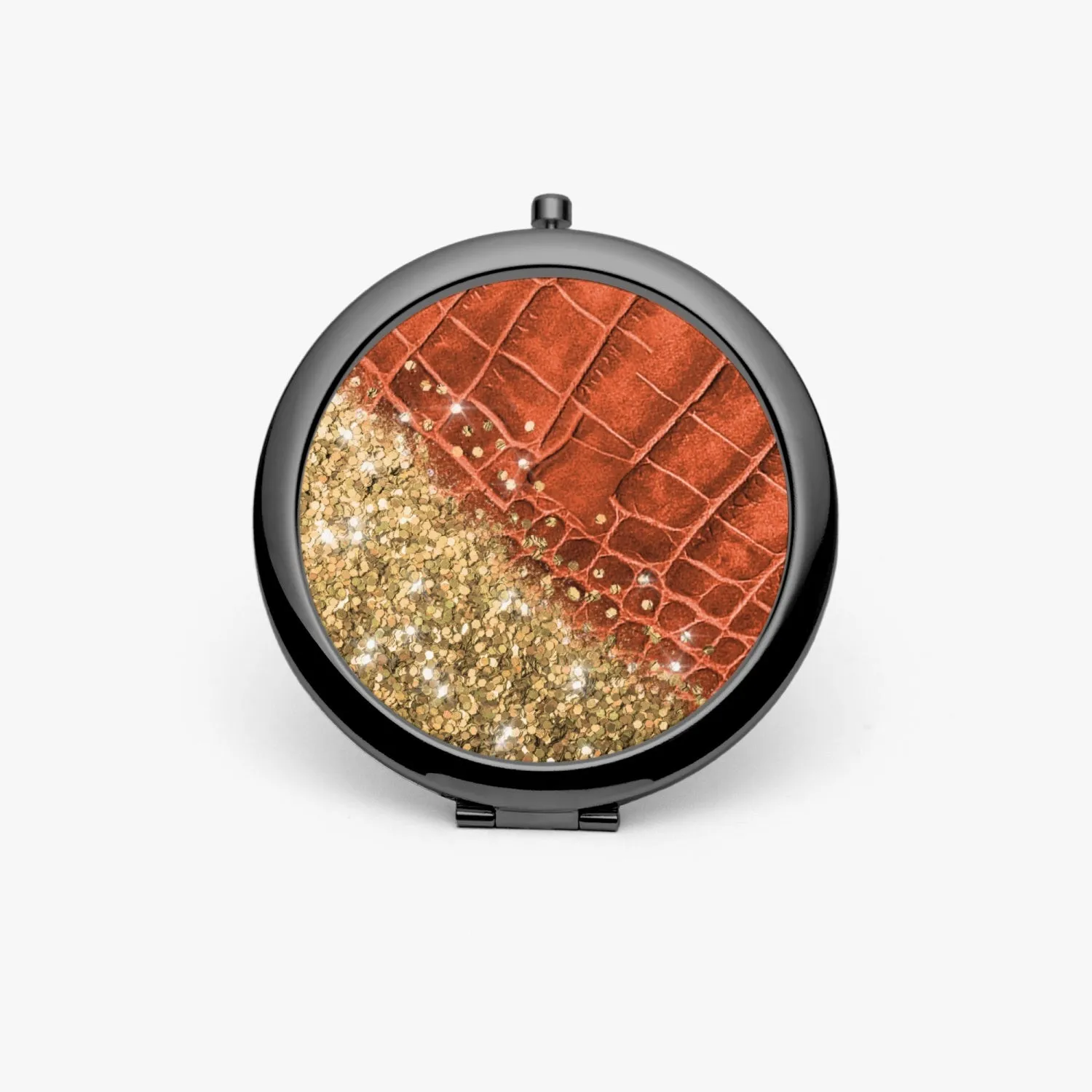 Gold Glitter & Orange Leather |  Compact Mirror