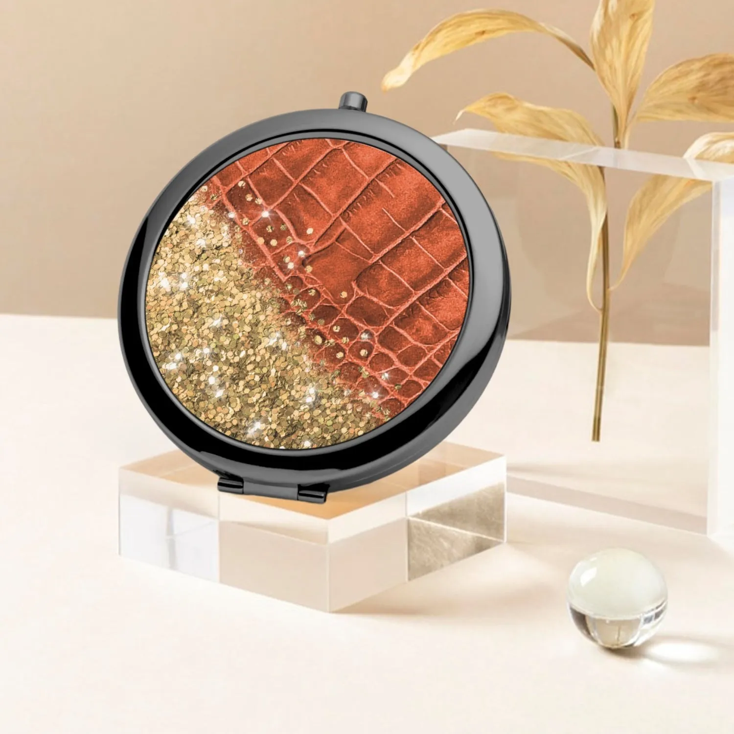 Gold Glitter & Orange Leather |  Compact Mirror