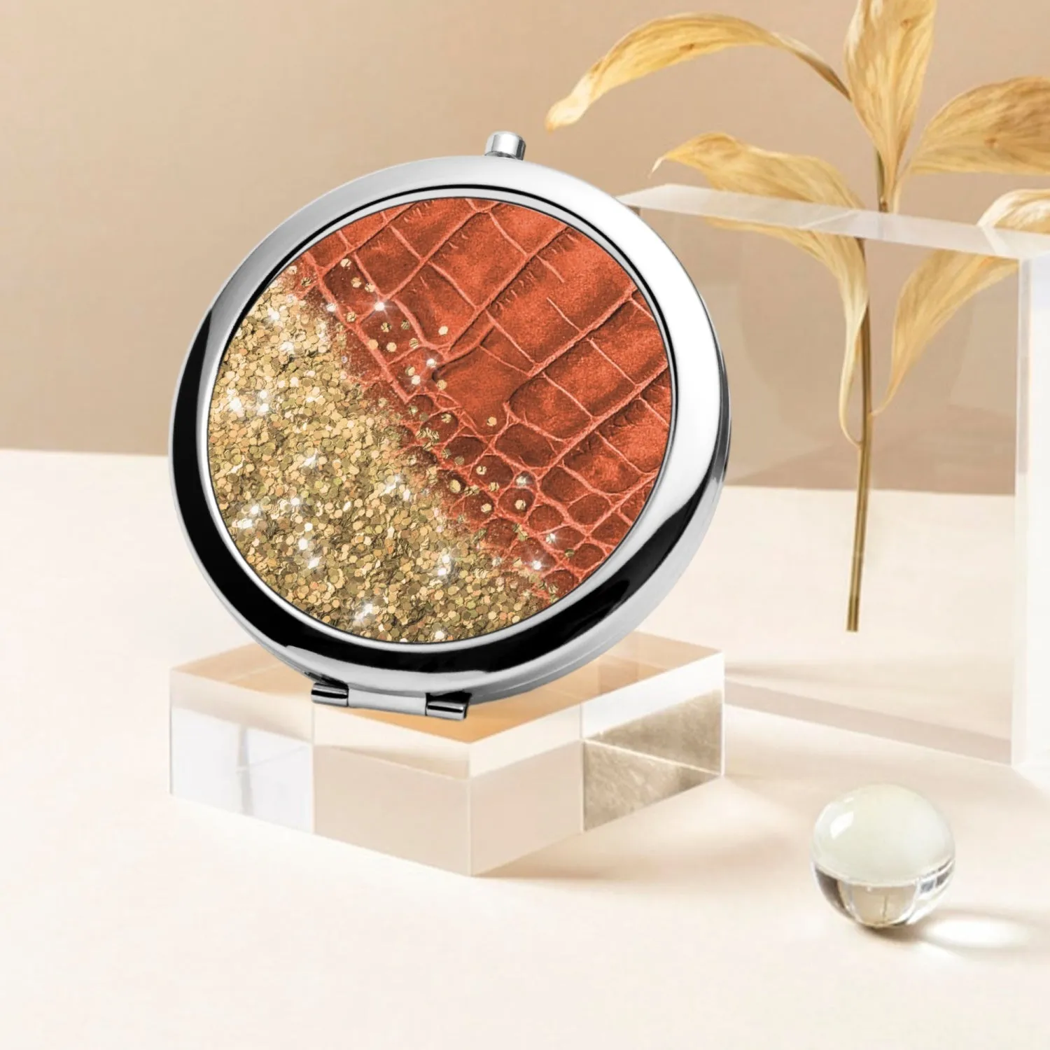 Gold Glitter & Orange Leather |  Compact Mirror