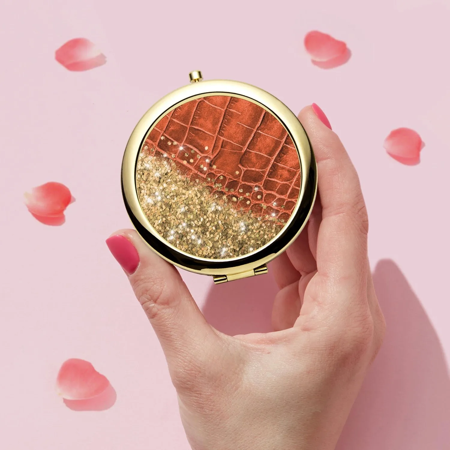 Gold Glitter & Orange Leather |  Compact Mirror